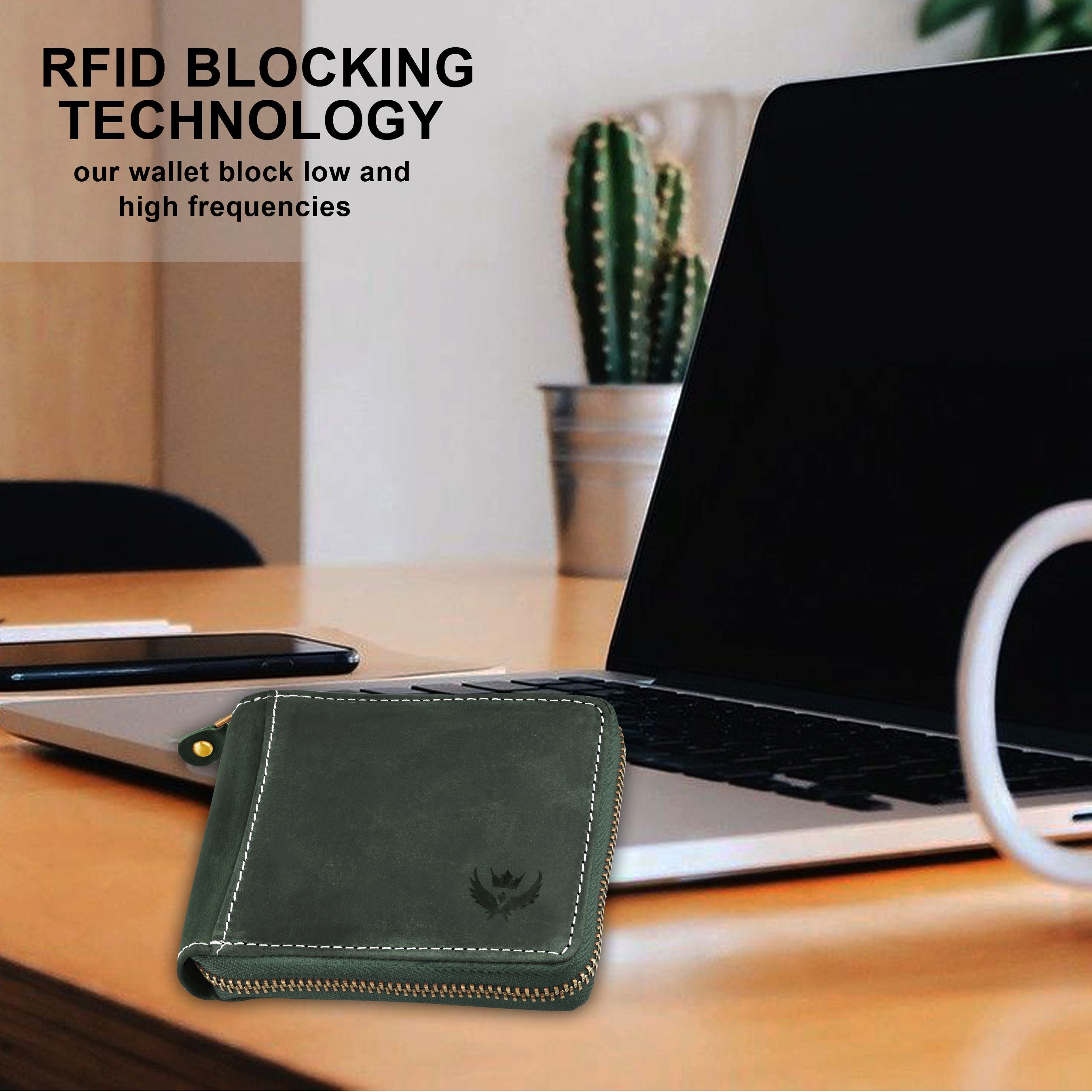 Lorenz RFID Blocking Genuine Olive Green Hunter Leather Zipper Wallet for Men